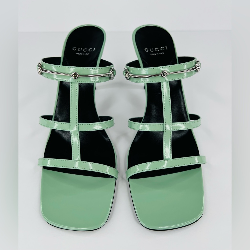 Gucci Pacific Green Glossy Leather Horsebit Heel Mule Sandals Size EU 39.5 - Picture 5 of 11